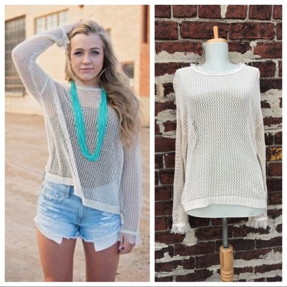 Anthropologie Moon River Open Net Fringe Sweater
